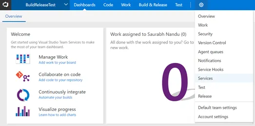 Select Services setting for VSTS Online
